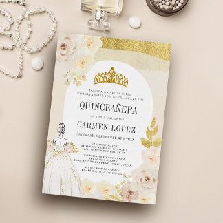 Light Gold Floral Princess Birthday Quinceanera Einladung