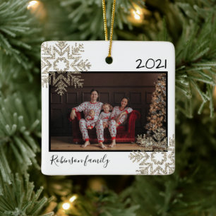 Light Gold Glitzern Snowflake Family White Keramikornament