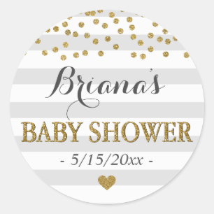 Light Gray and Gold Confetti Neutral Baby Dusche Runder Aufkleber