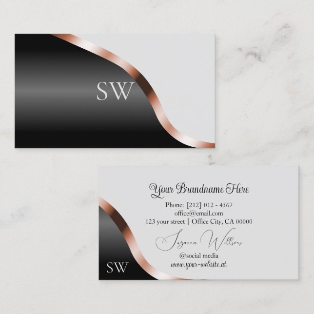 Light Gray Black Wavy Rose Gold Deco Mit Monogramm Visitenkarte (Vorne/Hinten)