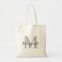 Light Gray Monogram Black Script Name Tote Bag