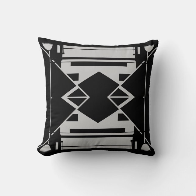 Light Gray on Black Symmetric Art Abstrakt Motif Kissen (Vorderseite)
