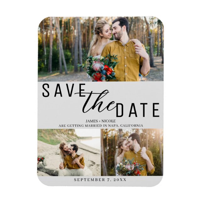 Light Gray Save the Date Wedding 3 Fotos Magnet (Vertikal)