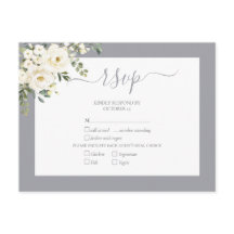 Light Gray White Floral Script Wedding RSVP