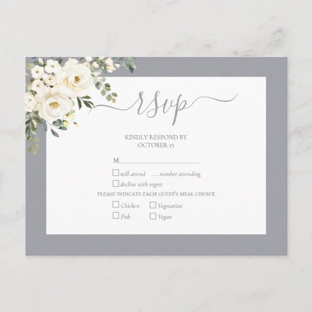 Light Gray White Floral Script Wedding RSVP Einladungspostkarte (Vorderseite)