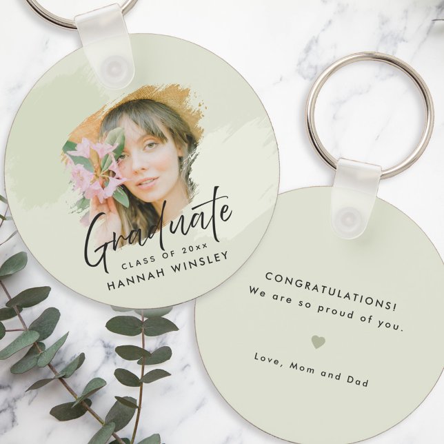 Light Green Add your Foto Custom Abschluss Guest Schlüsselanhänger (sage green graduation keychain gift with custom photo and message for daughter, son, grandchild)