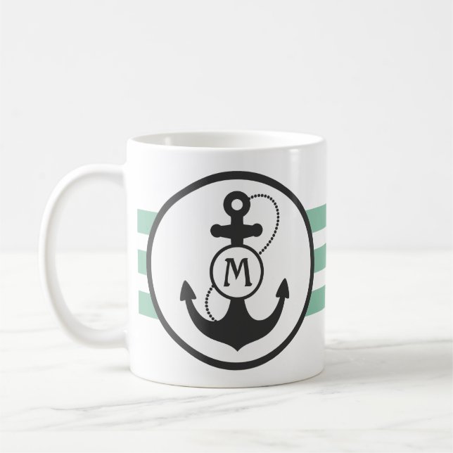 Light Green and Navy Blue Nautical Anchor Tasse (Links)