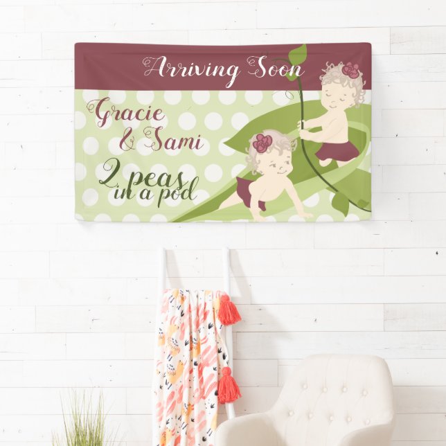 Light Green, Burgundy Twin Birthday Baby Dusche Banner (Insitu)