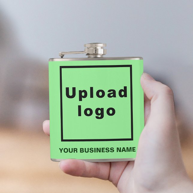 Light Green Business Brand auf Vinyl Wrapped Flask Flachmann (Your business name and logo on light green vinyl wrapped flask.)