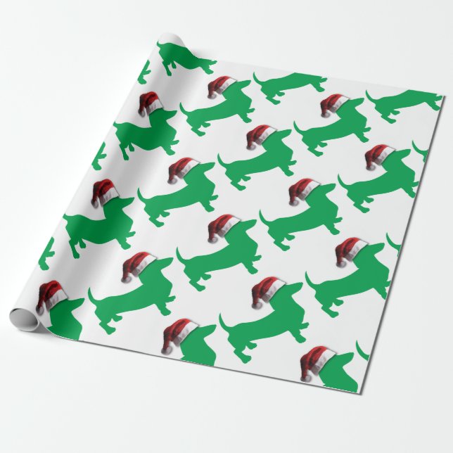 Light Green Dackel mit einem Weihnachtshut Geschenkpapier (Ungerollt)