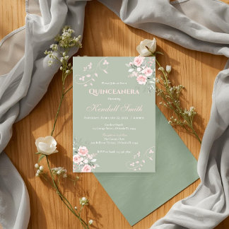 Light Green Floral Pink Quinceanera Einladung
