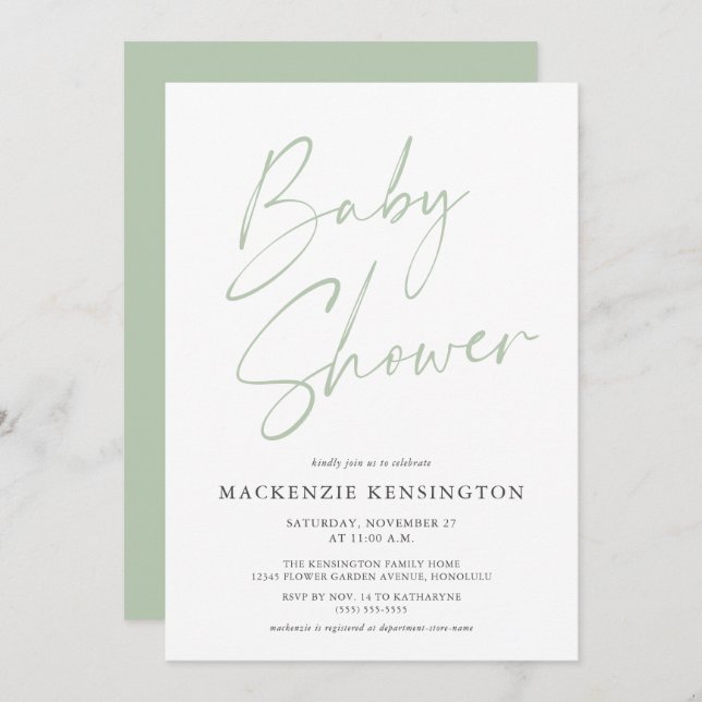 Light Green Minimalistisch Modern Script Baby Dusc Einladung (Vorne/Hinten)