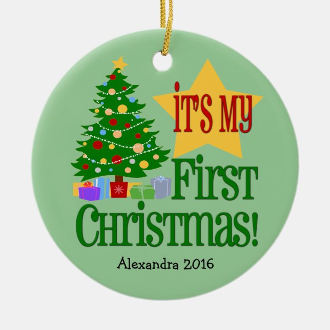 Light Green mit Tree Baby's First Christmas Orname Keramikornament (Vorne)