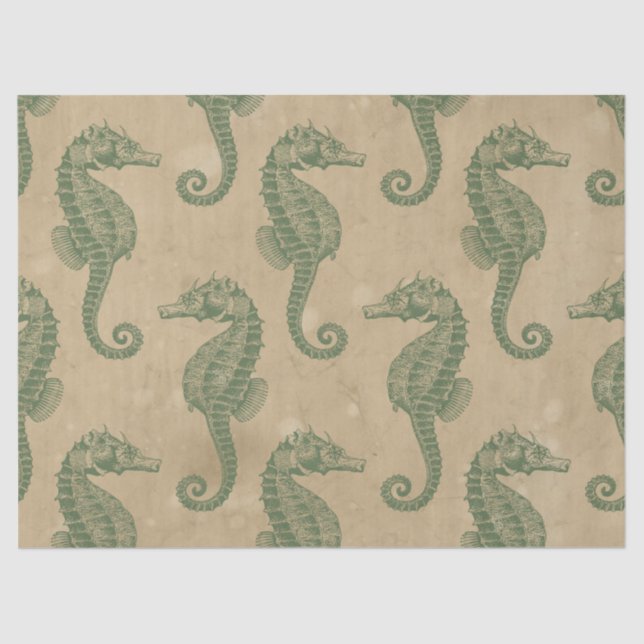 Light Green Seepferde auf Tan Decoupage Seidenpapier (Vorderseite)