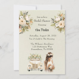 Light Green Vintage Car Florals Brautparty Einladung