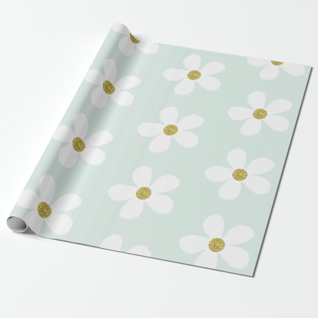 Light Green White Simple Daisy Gold Geschenkpapier (Ungerollt)
