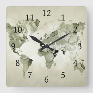 Light Green World Map Design 123 Quadratische Wanduhr