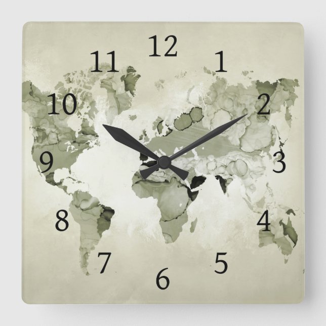Light Green World Map Design 123 Quadratische Wanduhr (Vorderseite)