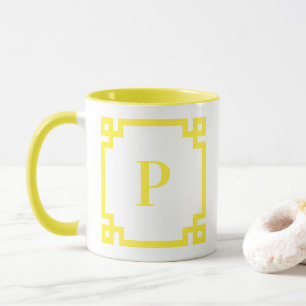 Light Lemon Yellow Greece Key Border Monogram Tasse