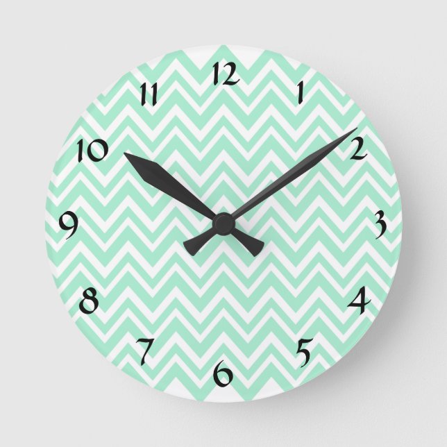 Light Minze Green und White Zigzag Muster Runde Wanduhr (Vorderseite)