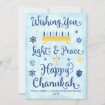 Light & Peace Happy Chanukah<br><div class="desc">Eine jüdische Hanukkah-Theme-Karte mit einer Menorah,  Stern von David und Driedel. Der Text lautet Wishing You Light & Peace Happy Chanukah. Der Hintergrund ist eine hellblaue Aquarellwäsche. Klicken Sie auf Anpassen,  um die Rückseite mit Ihrer eigenen Nachricht,  Ihrem eigenen Foto und/oder Ihrem Firmenlogo zu personalisieren.</div>