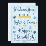 Light & Peace Happy Hanukkah Feiertagskarte<br><div class="desc">In Jewish Hanukkah theme card with a menorah,  Star of David and Driedel. The text reads Wishing You Light & Peace Happy Hanukkah. The background is a light blue watercolor wash. Click Customize It to personalize the back with your own message,  foto and/or company logo.</div>