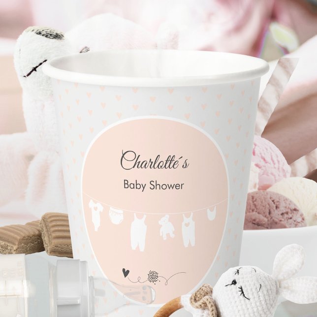 Light Peach Hearts Baby Girl Dusche Pappbecher (Modern Peach Pink Heart Pattern Baby Girl Shower Paper Cups ©Susanne Sachers - Sunny Mind 🌞)