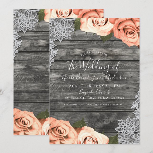Light Peach Rose Grau Rustic Wood Lace Wedding Einladung (Vorne/Hinten)