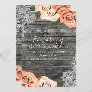 Light Peach Rose Grau Rustic Wood Lace Wedding Einladung