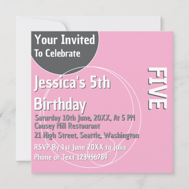 Light Pink 5. Geburtstag Einladung (Vorderseite)