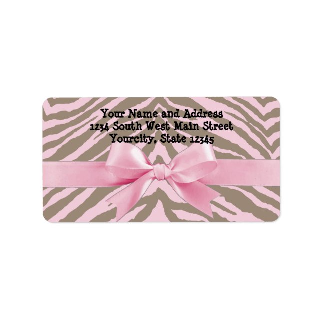 Light Pink and Brown Zebra w/Ribbon Bow Adressaufkleber (Vorne)