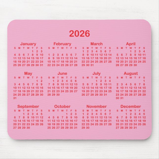 Light Pink and Red 2026 Calendar Mousepad (Vorne)
