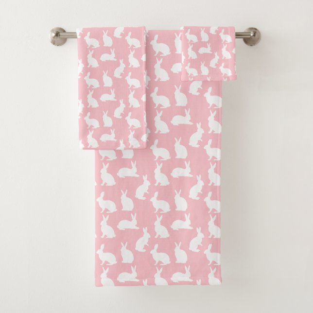 Light Pink And White Bunny Pattern Cute Easter Badhandtuch Set (Insitu)