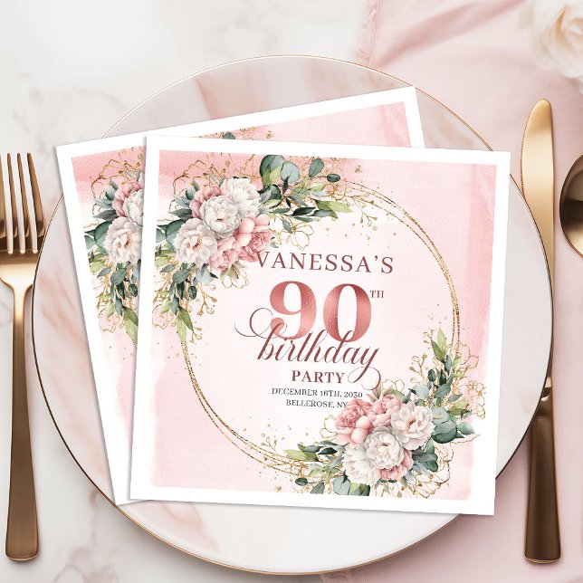 Light Pink Bohemian Floral 90th Birthday Party  Serviette (Light Pink Bohemian Floral 90th Birthday Party Napkins)