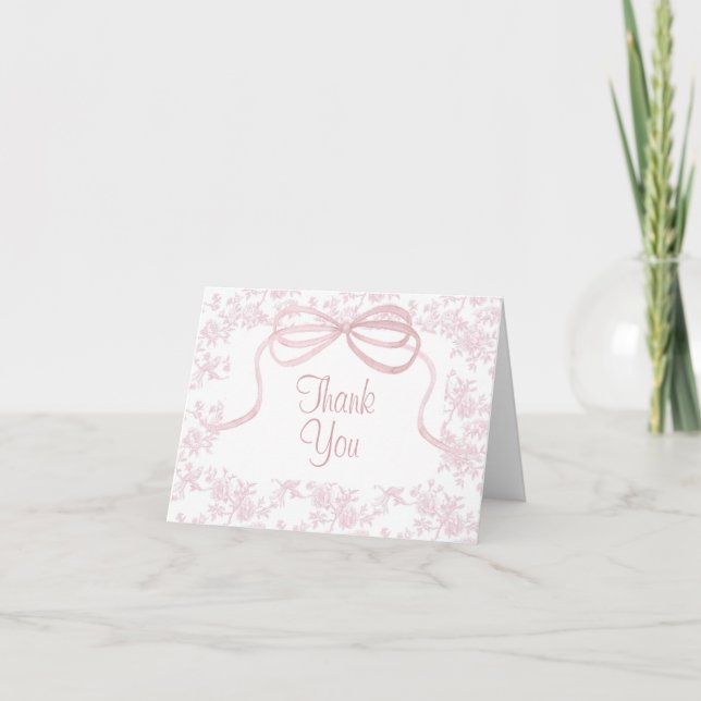 Light Pink Bow and Toile Baby Dusche Dankeskarte (Vorderseite)