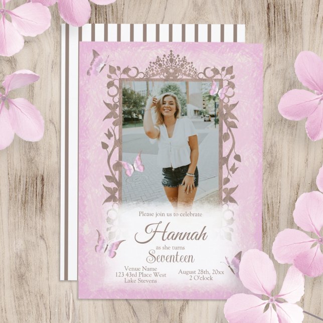 Light Pink Brown Butterfys Geburtstagsparty Einladung (light pink, brown butterfly birthday party invitation for girl, teen, young woman with brown stripes)