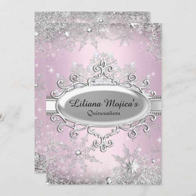 Light Pink Crystal Snowflake Prinzessin Quinceaner Einladung (Vorne/Hinten)