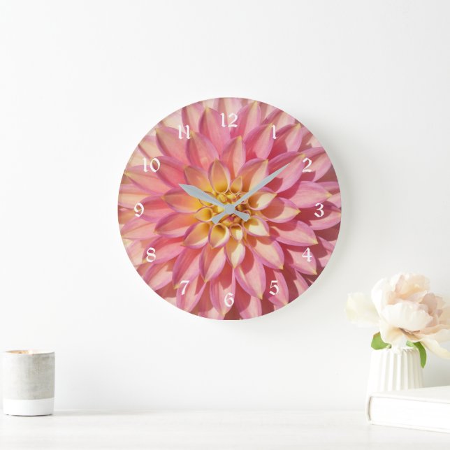Light Pink Dahlia Floral Große Wanduhr (Zuhause)