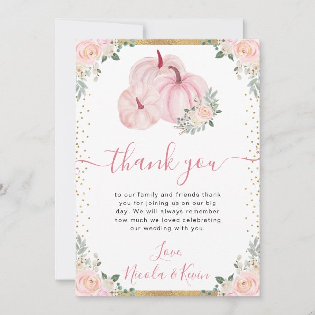 Light Pink Floral Pumpkin Hochzeit im Herbst Dankeskarte (Vorderseite)