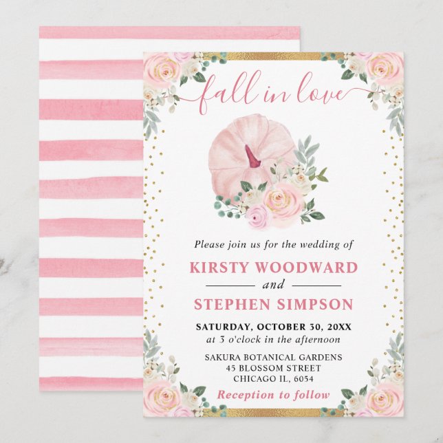 Light Pink Floral Pumpkin Hochzeit im Herbst Einladung (Vorne/Hinten)