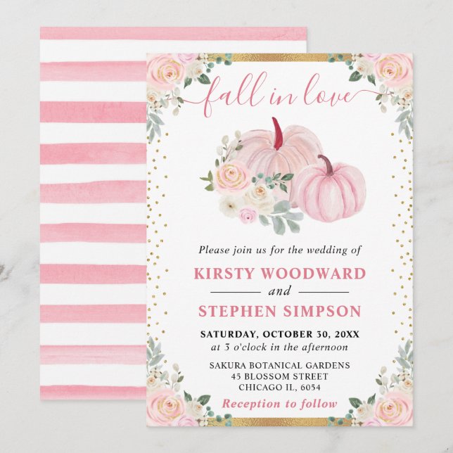 Light Pink Floral Pumpkin Hochzeit im Herbst Einladung (Vorne/Hinten)