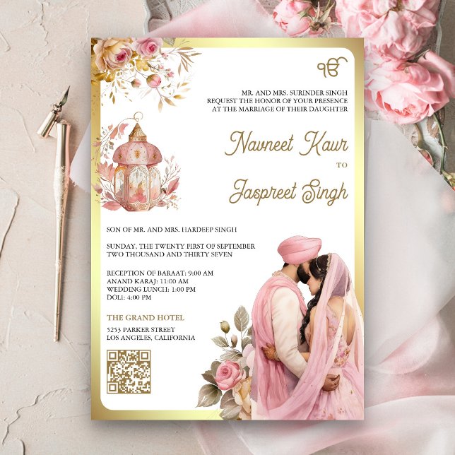 Light Pink Floral QR Code Anand Karaj Sikh Wedding Einladung (Von Creator hochgeladen)