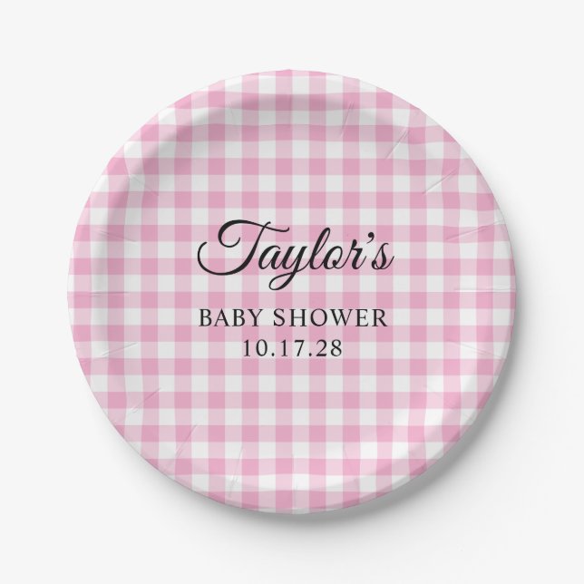 Light Pink Gingham Plaid Baby Shower Pappteller (Vorderseite)