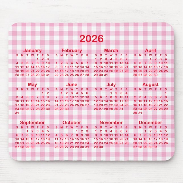 Light Pink Gingham Plaid Red 2026 Calendar Mousepad (Vorne)