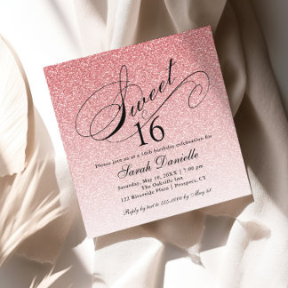 Light Pink Glam Glitzer Sweet 16 Square Einladung