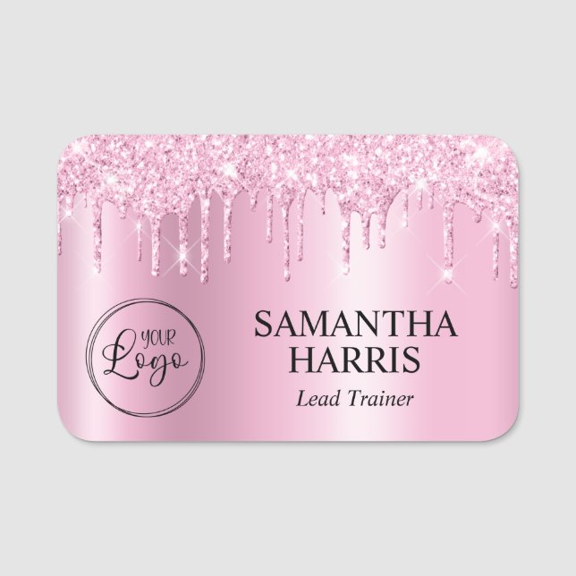 Light Pink Glitter Drips Shimmer Namensschild (Vorderseite)