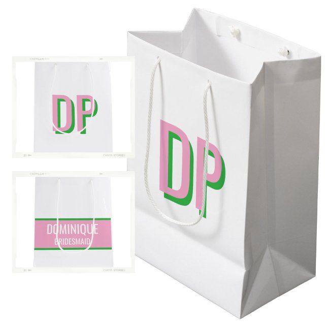 Light Pink + Green Monogram Bridesmaid Mittlere Geschenktüte (Light Pink + Green  Monogram Gift Bag)