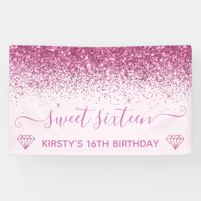 Light Pink & Imitate Rosa Glitzer Sweet 16 Banner (Horizontal)