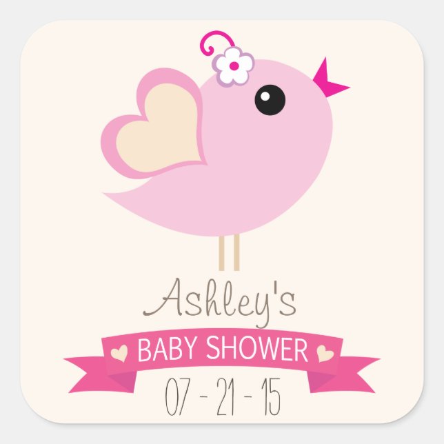 Light Pink Love Bird Baby Dusche Quadratischer Aufkleber (Vorderseite)