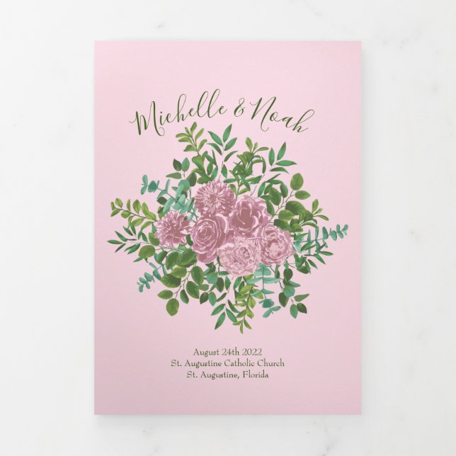 Light Pink Peony & Rose Floral WedPrograms Dreifach-gefaltete Programmkarte (Cover)